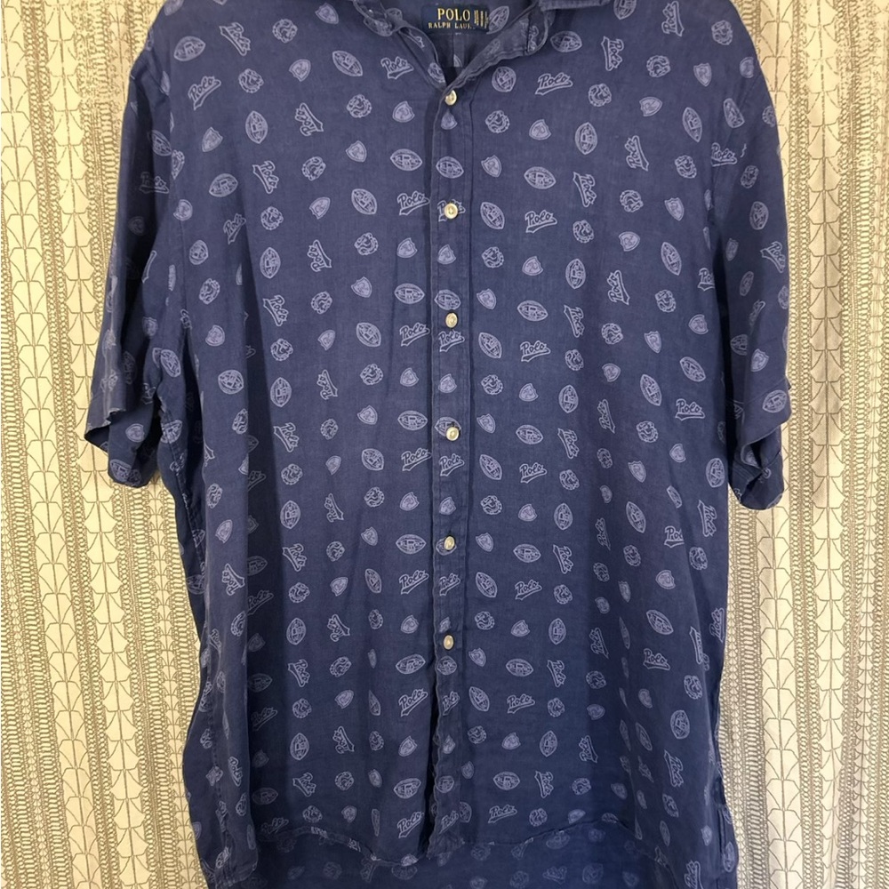 Ralph Lauren Navy Short-Sleeve Button-Down Shirt with Light Blue Print
